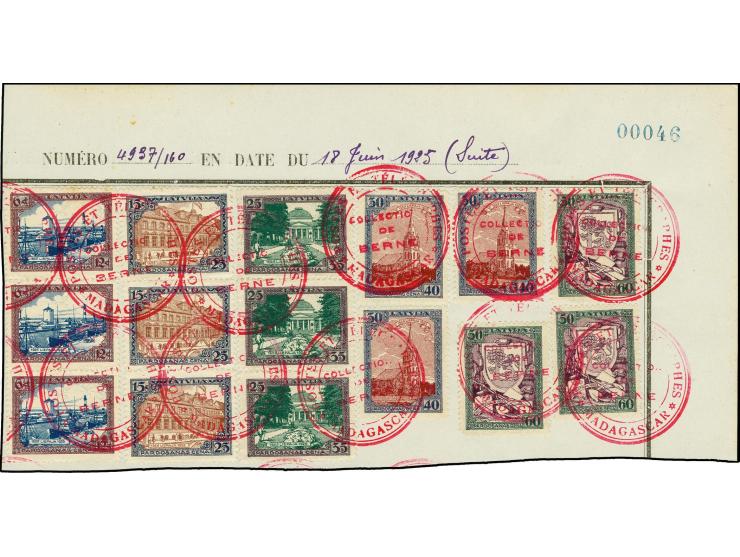 1925, Tercentenary of Liepaja 6-50 s.,three values each, tied by red circular "POSTES ET TELEGRAPHES MADAGASCAR COLLECTION DE