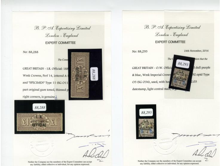 1882/1901, SG. O9-10, 16 und 34 gestempelt sowie SG O11s ungebraucht, alle mit Attest BPA (2016), dazu 5 Fälschungen