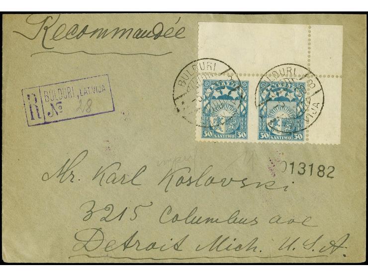 1927, Coat of arms 30s. light-blue as horizontal pair from the upper right sheet corner, imperforated vertically, tied by cds