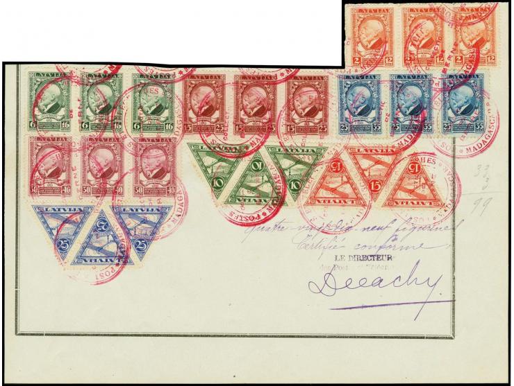 1928, Death of Janis Cakste 2-30 s. and Airmail 10-25s. each as horizontal strip of three tied by red circular "POSTES ET TEL
