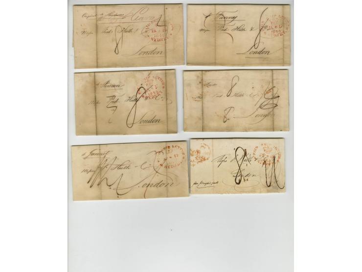 1844, 6 Briefe mit rotem "PAID SHIP LETTER SYDNEY" nach London, diverse Schiffsnamen, teils etwas unfrisch