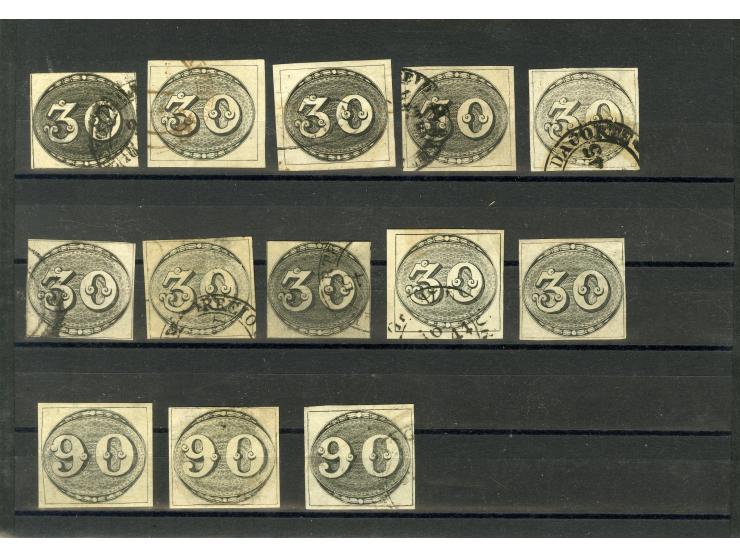 1843, 30 R. (9), 60 R. (13), 90 R. (3), überwiegend gestempelt, die Erhaltung reicht von repariert/Mängel bis Kabinett (Mi.-N