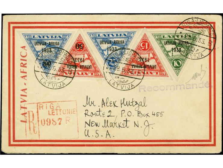1933, Bathurst-Flight 10-100 s. tied by cds. "RIGA-LIDPASTS 28.5.33" to registered cover to New York, little unfresh, otherwi
