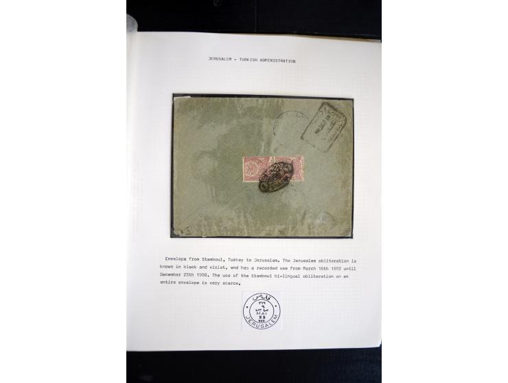 1890/1917 (ca.), Türkische Post, interessanter Posten Briefe, Karten und Ganzsachen, alle mit Stempeln von Palästina, dabei b