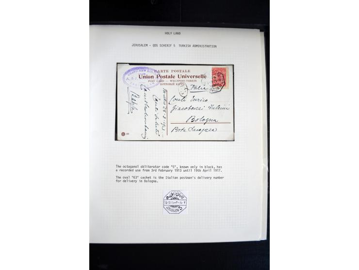 1890/1917 (ca.), Türkische Post, interessanter Posten Briefe, Karten und Ganzsachen, alle mit Stempeln von Palästina, dabei b