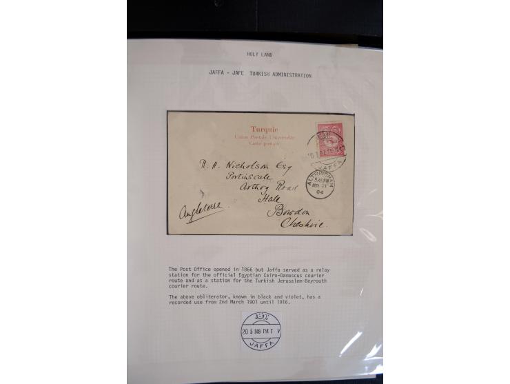 1890/1917 (ca.), Türkische Post, interessanter Posten Briefe, Karten und Ganzsachen, alle mit Stempeln von Palästina, dabei b