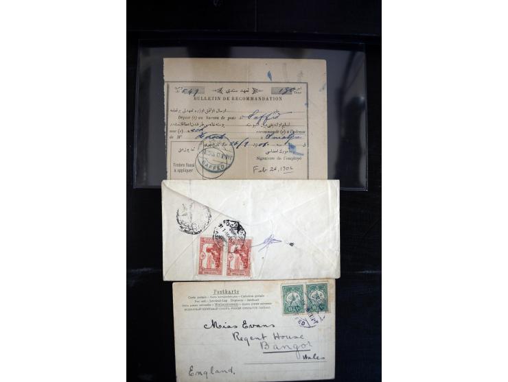 1890/1917 (ca.), Türkische Post, interessanter Posten Briefe, Karten und Ganzsachen, alle mit Stempeln von Palästina, dabei b