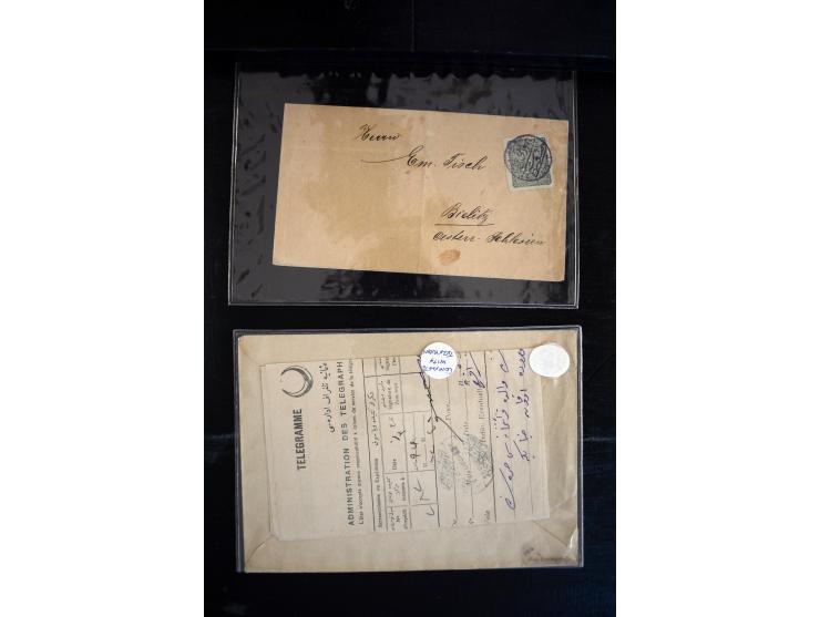 1890/1917 (ca.), Türkische Post, interessanter Posten Briefe, Karten und Ganzsachen, alle mit Stempeln von Palästina, dabei b