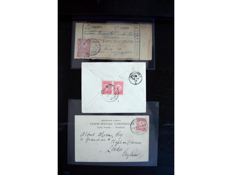 1890/1917 (ca.), Türkische Post, interessanter Posten Briefe, Karten und Ganzsachen, alle mit Stempeln von Palästina, dabei b