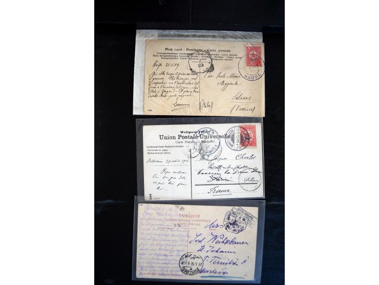 1890/1917 (ca.), Türkische Post, interessanter Posten Briefe, Karten und Ganzsachen, alle mit Stempeln von Palästina, dabei b