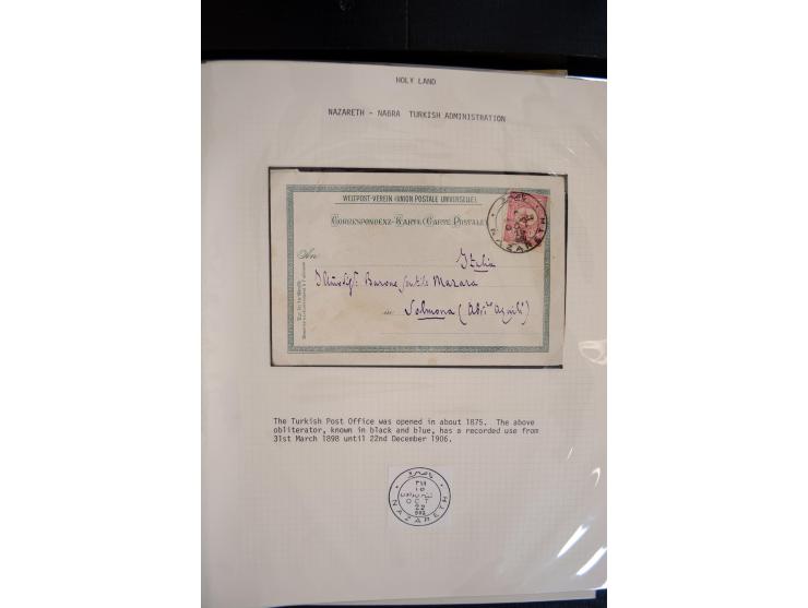 1890/1917 (ca.), Türkische Post, interessanter Posten Briefe, Karten und Ganzsachen, alle mit Stempeln von Palästina, dabei b