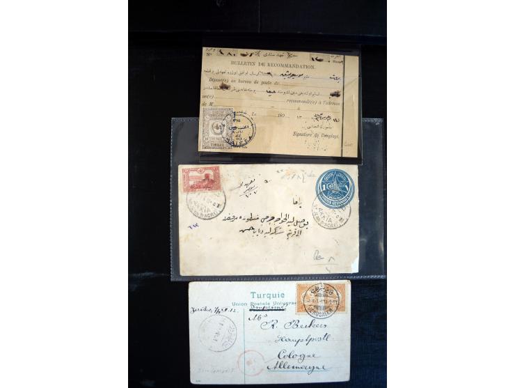 1890/1917 (ca.), Türkische Post, interessanter Posten Briefe, Karten und Ganzsachen, alle mit Stempeln von Palästina, dabei b