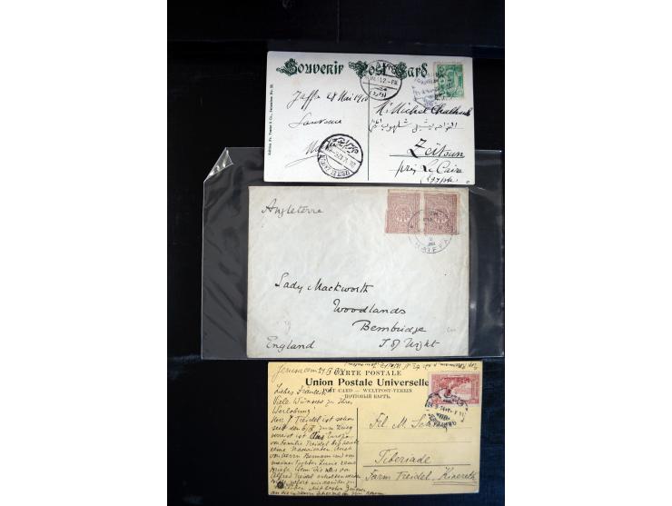 1890/1917 (ca.), Türkische Post, interessanter Posten Briefe, Karten und Ganzsachen, alle mit Stempeln von Palästina, dabei b