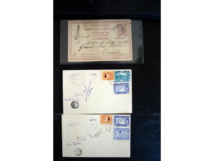 1890/1917 (ca.), Türkische Post, interessanter Posten Briefe, Karten und Ganzsachen, alle mit Stempeln von Palästina, dabei b