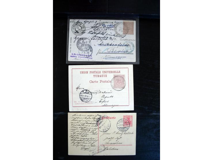 1890/1917 (ca.), Türkische Post, interessanter Posten Briefe, Karten und Ganzsachen, alle mit Stempeln von Palästina, dabei b