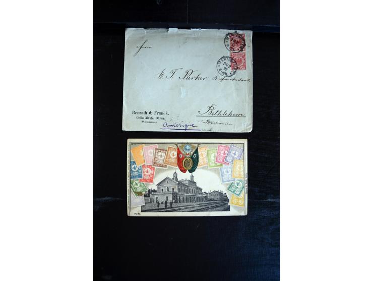 1890/1917 (ca.), Türkische Post, interessanter Posten Briefe, Karten und Ganzsachen, alle mit Stempeln von Palästina, dabei b