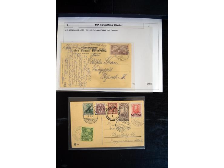 1890/1917 (ca.), Türkische Post, interessanter Posten Briefe, Karten und Ganzsachen, alle mit Stempeln von Palästina, dabei b