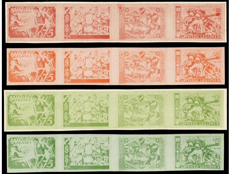 LATVIAN SS-DIVISION: 1945, proofs, 4 different designs as horizontal strips of four in light- and dark green, red and orange,