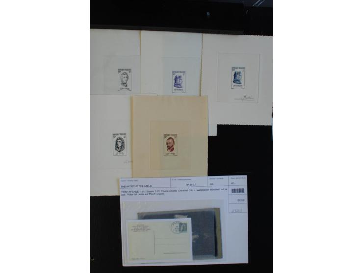 1900/71, Partie Motiv-Marken und Belge mit u.a.Privatganzsachen, Frankreich mit ungezähnten Probedrucken in Einheiten und div