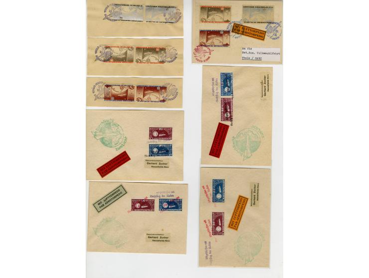 1934, WHW-Raketenflug Thale, Vignetten 1/2-3 M. geschnitten und gezähnt, je 2 kpl. Serien auf 4 Briefen bzw. Sonderkarten, da
