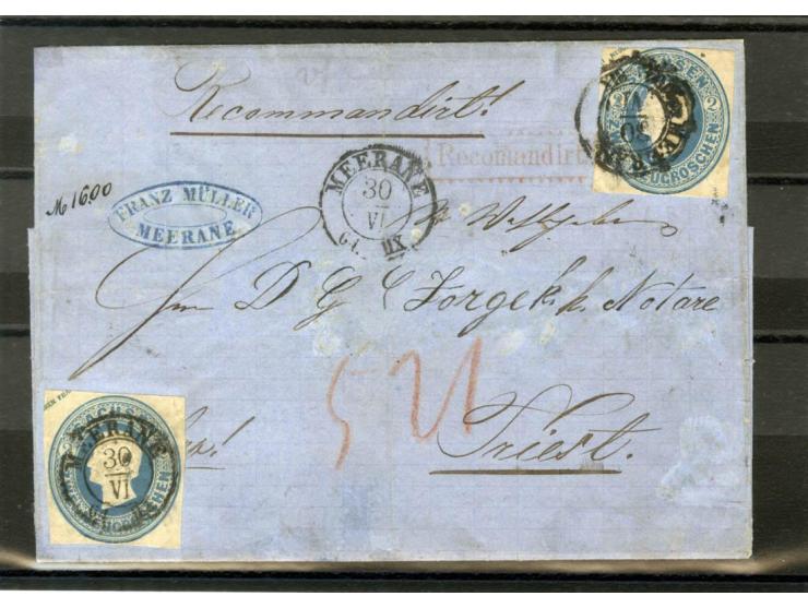 1850, 1. Ausgabe, sehr schöne kleine Partie: Mi.-Nr. 1 im 3er-Streifen mit Federzugentwertung sowie waagerechter 4er-Streifen