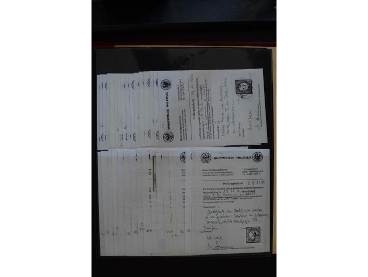 1872/75, Große Brustschilde-Plattenfehlersammlung in 2 Bänden, mit ca. 300 Einzelmarken, 66 Briefstücken und 37 Briefen, alle
