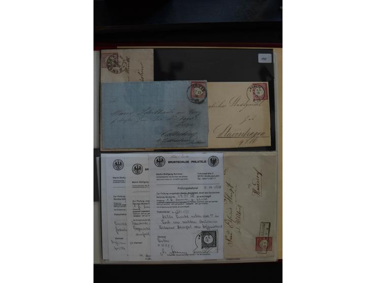 1872/75, Große Brustschilde-Plattenfehlersammlung in 2 Bänden, mit ca. 300 Einzelmarken, 66 Briefstücken und 37 Briefen, alle