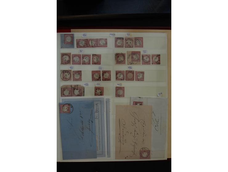 1872/75, Große Brustschilde-Plattenfehlersammlung in 2 Bänden, mit ca. 300 Einzelmarken, 66 Briefstücken und 37 Briefen, alle