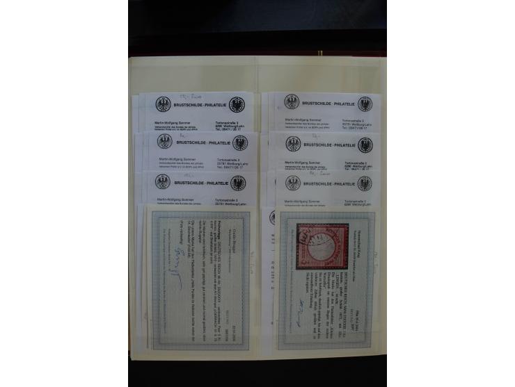 1872/75, Große Brustschilde-Plattenfehlersammlung in 2 Bänden, mit ca. 300 Einzelmarken, 66 Briefstücken und 37 Briefen, alle