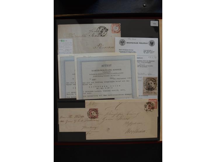 1872/75, Große Brustschilde-Plattenfehlersammlung in 2 Bänden, mit ca. 300 Einzelmarken, 66 Briefstücken und 37 Briefen, alle