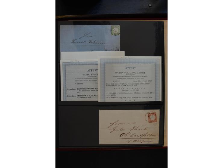 1872/75, Große Brustschilde-Plattenfehlersammlung in 2 Bänden, mit ca. 300 Einzelmarken, 66 Briefstücken und 37 Briefen, alle