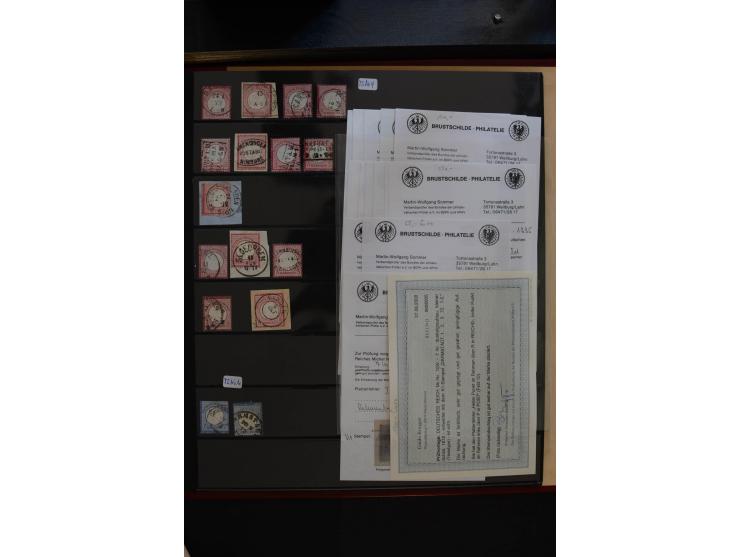 1872/75, Große Brustschilde-Plattenfehlersammlung in 2 Bänden, mit ca. 300 Einzelmarken, 66 Briefstücken und 37 Briefen, alle