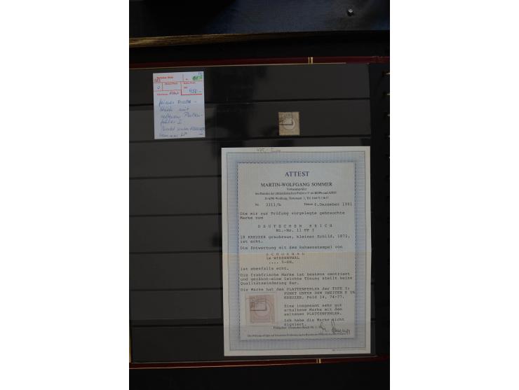 1872/75, Große Brustschilde-Plattenfehlersammlung in 2 Bänden, mit ca. 300 Einzelmarken, 66 Briefstücken und 37 Briefen, alle
