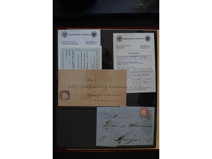 1872/75, Große Brustschilde-Plattenfehlersammlung in 2 Bänden, mit ca. 300 Einzelmarken, 66 Briefstücken und 37 Briefen, alle