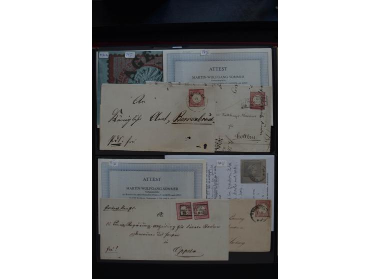 1872/75, Große Brustschilde-Plattenfehlersammlung in 2 Bänden, mit ca. 300 Einzelmarken, 66 Briefstücken und 37 Briefen, alle