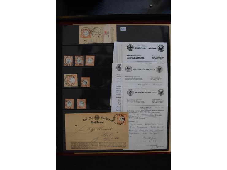 1872/75, Große Brustschilde-Plattenfehlersammlung in 2 Bänden, mit ca. 300 Einzelmarken, 66 Briefstücken und 37 Briefen, alle