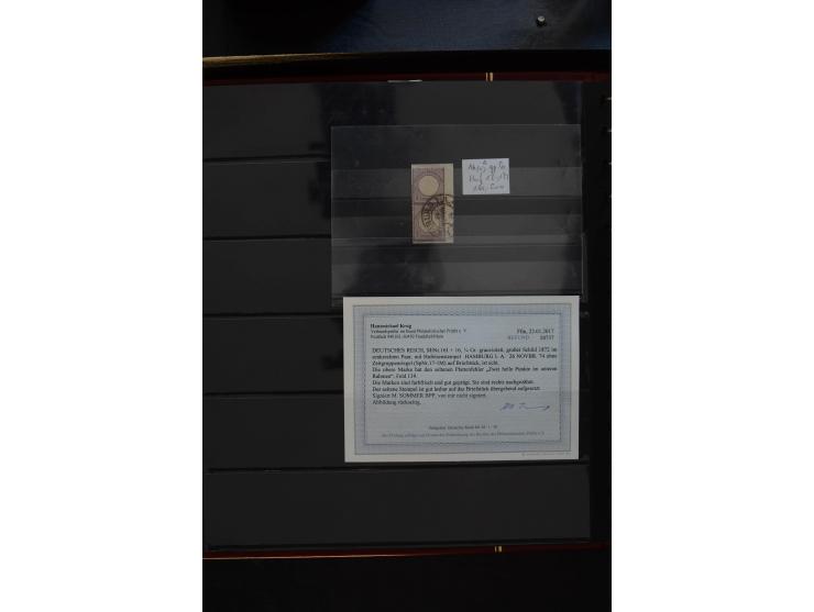 1872/75, Große Brustschilde-Plattenfehlersammlung in 2 Bänden, mit ca. 300 Einzelmarken, 66 Briefstücken und 37 Briefen, alle