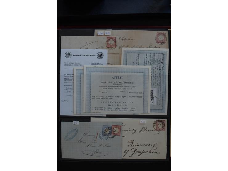 1872/75, Große Brustschilde-Plattenfehlersammlung in 2 Bänden, mit ca. 300 Einzelmarken, 66 Briefstücken und 37 Briefen, alle