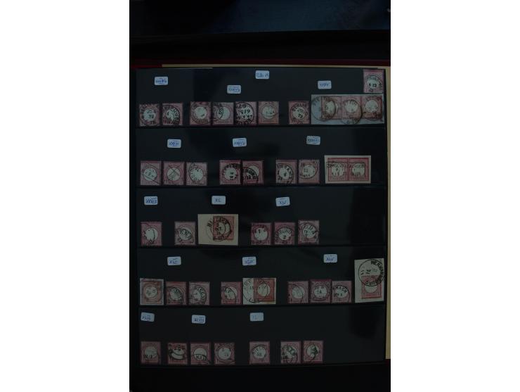 1872/75, Große Brustschilde-Plattenfehlersammlung in 2 Bänden, mit ca. 300 Einzelmarken, 66 Briefstücken und 37 Briefen, alle