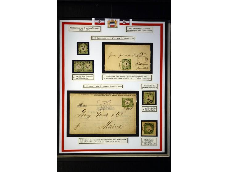 1872/75, Brustschilde-Sammlung mit 17 Briefen/Karten und 23 Einzelmarken/Briefstücken sowie zwei Paaren, dabei 17b als Einzel