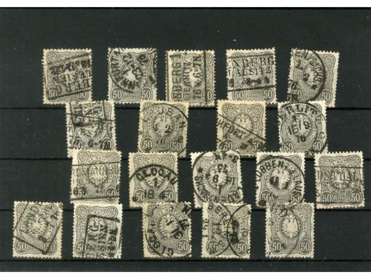 1875, 50 Pfennige dunkelgrau, 19 Stück gestempelt, alle sign. Wiegand BPP (meist höher) (Mi.-Nr. 36b; Mi. 8.550,-)
