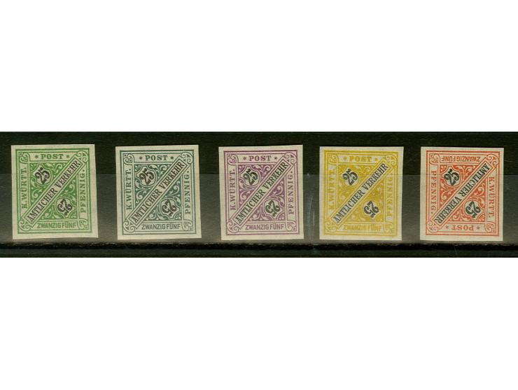 1917, Ziffern 25 Pfennig, fünf verschiedenfarbige ungezähnte Probedrucke, postfrisch, tadellos, signiert Winkler BPP