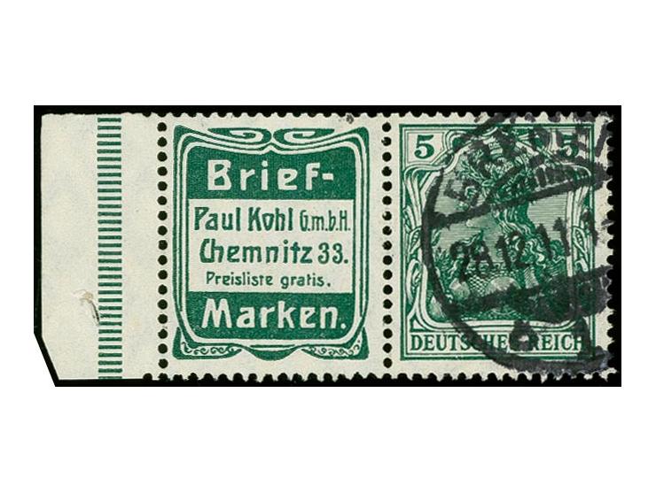 1911/12, Germania "Paul Kohl"+5 Pfennig, mit linkem Seitenrand, sauber gestempelt, tadellos