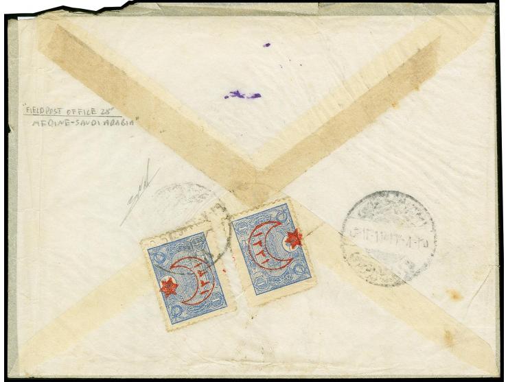 Türkische Post in Saudi Arabien, MEDINA : 1917 bilingual “SAHRA POSTASI 28” cds. (Uexkull fig.85) on registered fieldpost env