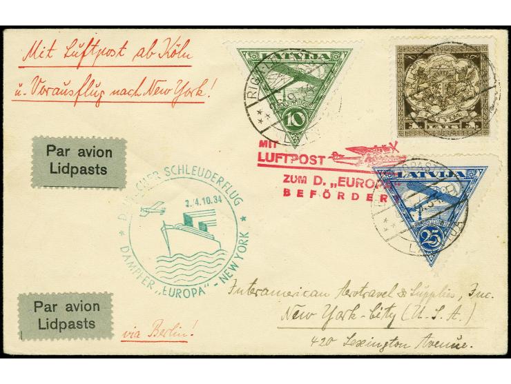 LETTLAND: 1934, D. "EUROPA"-New York, Brief ab "RIGA-LIDPASTS 23.9.34" mit Vorausflug-Stempel nach New York, gute Erhaltung G