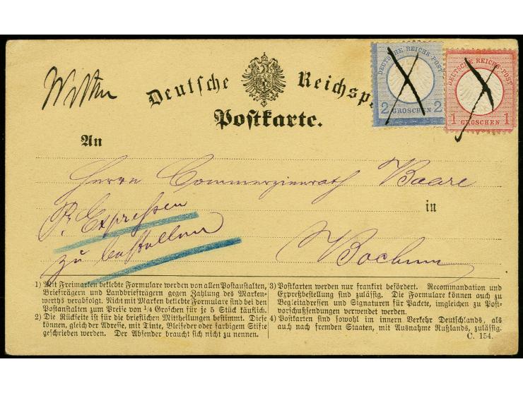 1871/81, 15 Eilbotenkarten mit diversen Frankatur-Kombinationen, Schwerpunkt Deutsches Reich Ganzsachenkarten mit Zufrankatur