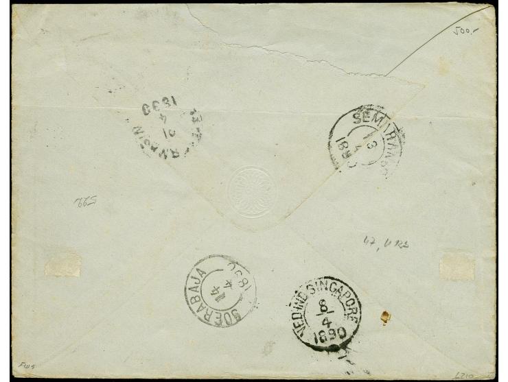10 Pfg. karmin als Zufrankatur auf Ganzsachenumschlag 10 Pfg. im Großformat von "NAUMBURG 13.3.90" nach Borneo mit Transit- u