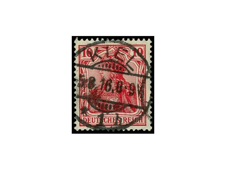 10 Pfg. dunkellilarot, sauber gestempelt "KIEL 5.8.16", bis auf zwei verkürzte Zähne tadellos, Fotoattest Jäschke-L. BPP (201