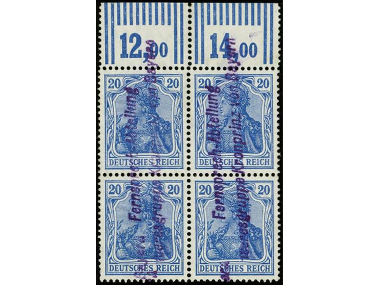 20 Pfg. kobalt im Viererblock, Walzendruck-Oberrand mit der Konfiguration "2'9'2", entwertet mit zwei klaren violetten L2-Ste