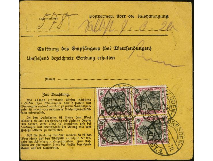 50 Pfg. graulila/schwarz auf orangeweiß, Einzelwert und Viererblock als portogerechte Mehrfachfrankatur vorder- und rückseiti